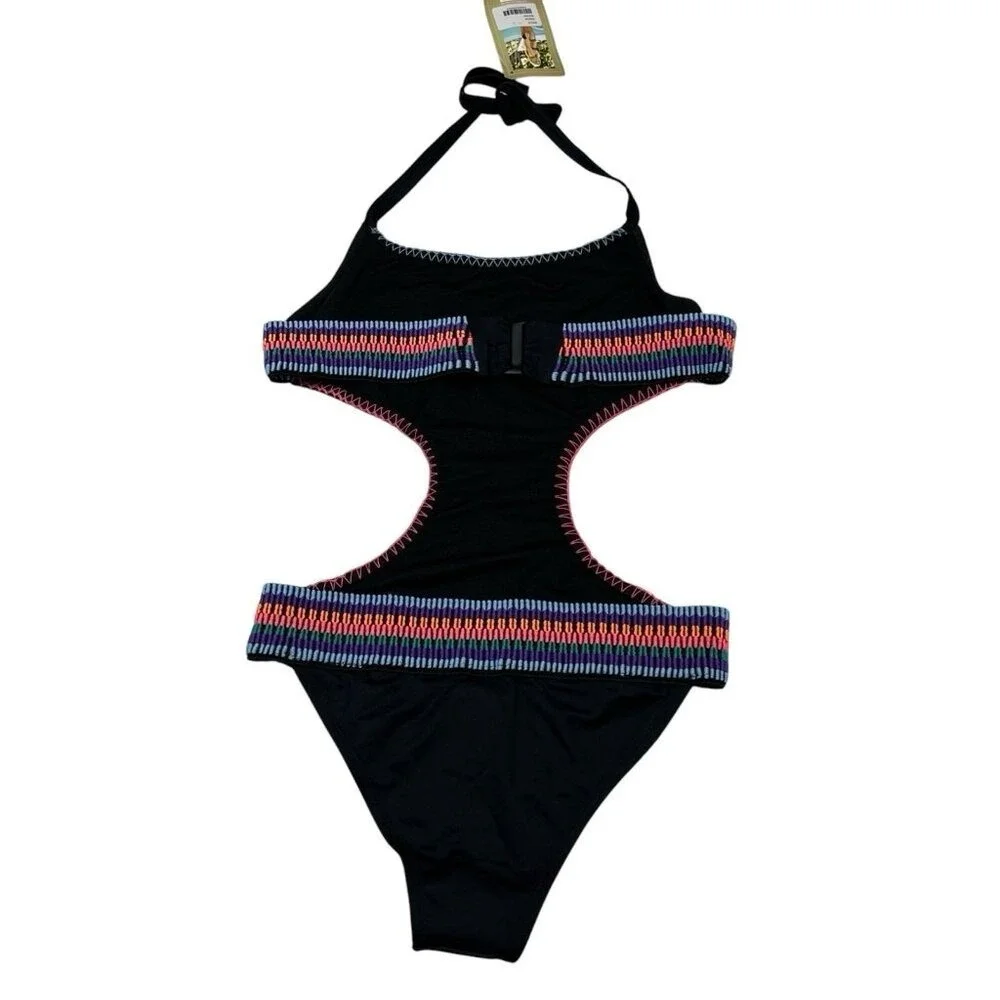 Mapale Swimsuit Monokini‎ Black Rainbow Striped Bands Cutout Size L Resort Beach